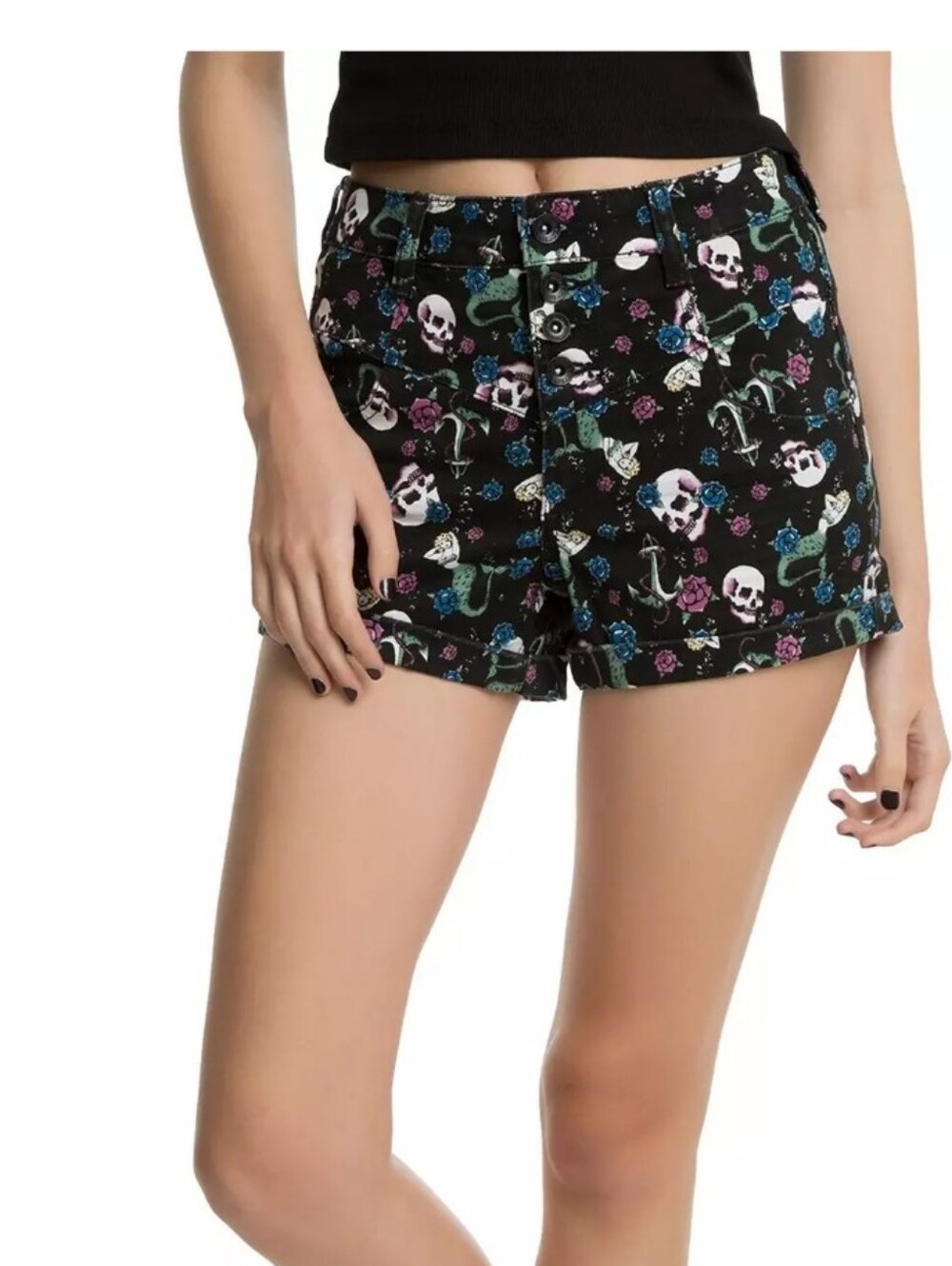 Black Mermaid Skull & Anchor High-Waisted Shorts By Hot Topic